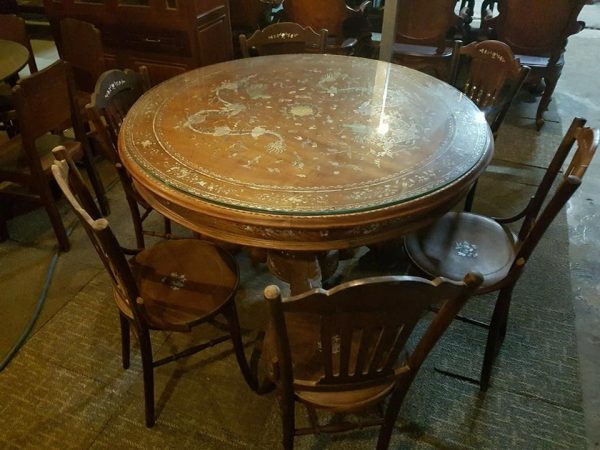 Bộ bàn ăn tròn gỗ cũ 6 ghế